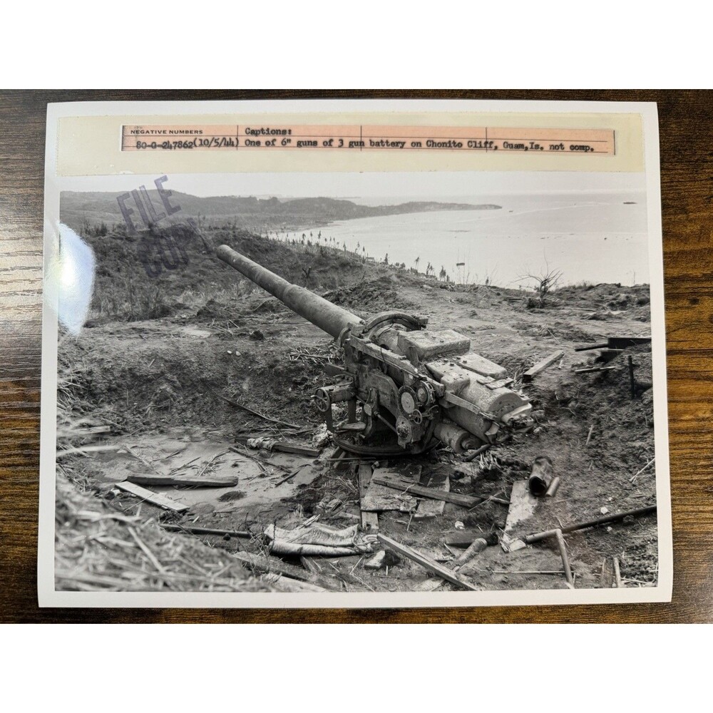 WWII Official U.S. Navy Photo 6” Gun Battery Guam Chonito Cliff 1944 8x10